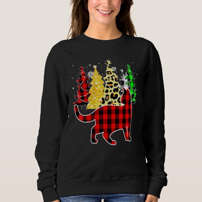 Christmas Buffalo Plaid Cat Tree Leopard Pajamas X Sweatshirt (Front)