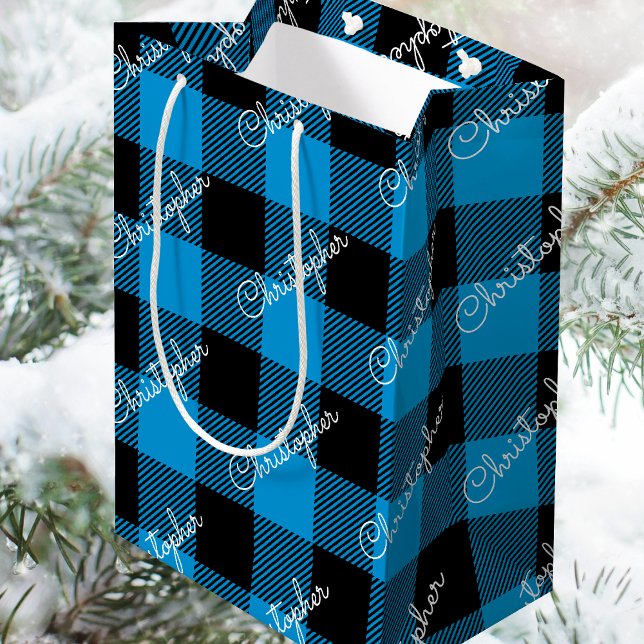 Christmas Buffalo Plaid Custom Name Rustic Blue Medium Gift Bag (Creator Uploaded)