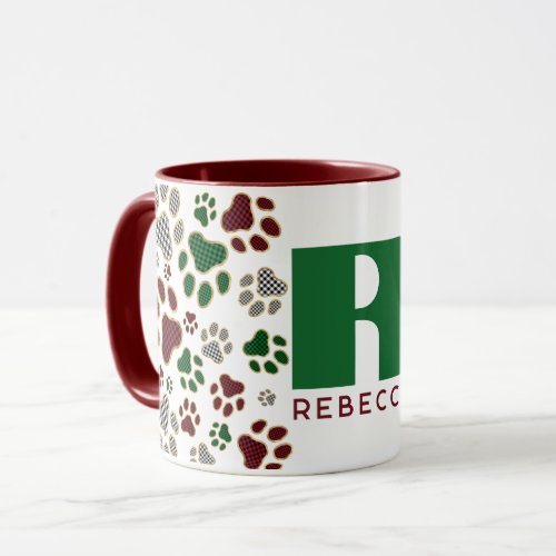 Christmas Buffalo Plaid Dog Paw Monogram  Mug