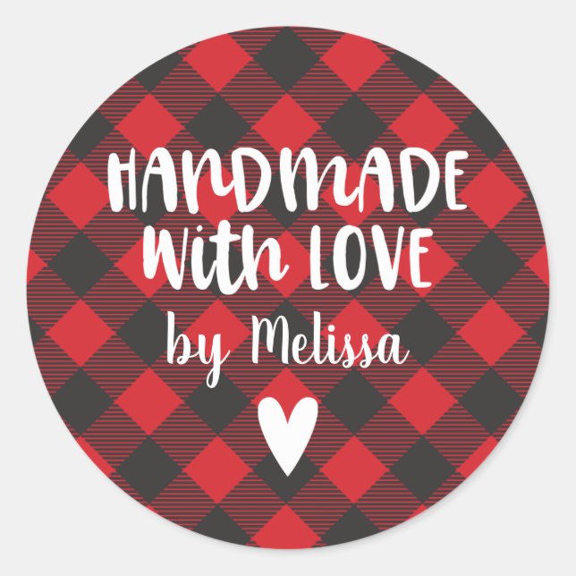 Christmas Buffalo Plaid Handmade With Love Classic Round Sticker (Front)