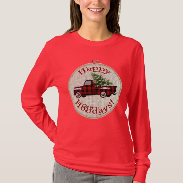 Christmas Buffalo Plaid Red Truck and Pine Tree T-Shirt (Front)