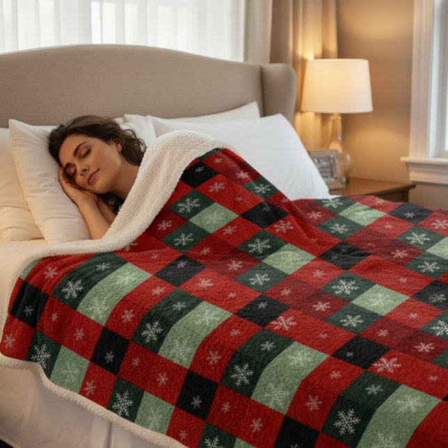 Christmas Buffalo Plaid Snowflakes Red Green Sherpa Blanket (Creator Uploaded)