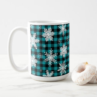 Christmas - Buffalo Plaid Teal Snowflakes Coffee Mug