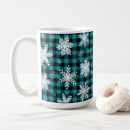 Christmas _ Buffalo Plaid Teal Snowflakes Coffee Mug