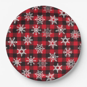 Christmas Buffalo red snowflakes plaid pattern Paper Plates
