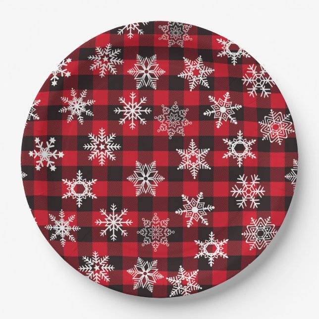 Christmas Buffalo red snowflakes plaid pattern Paper Plates (Front)