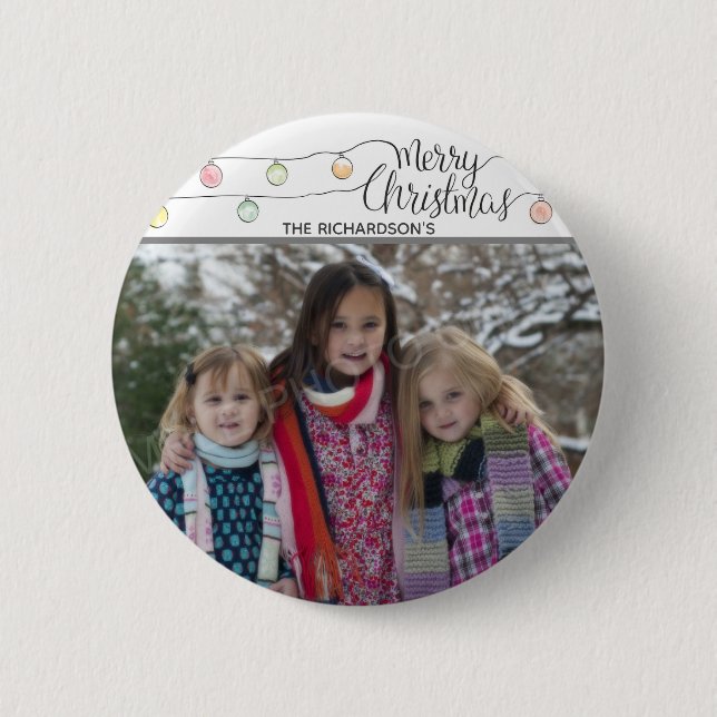 Christmas Bulb On A String Merry Christmas Photo Button (Front)