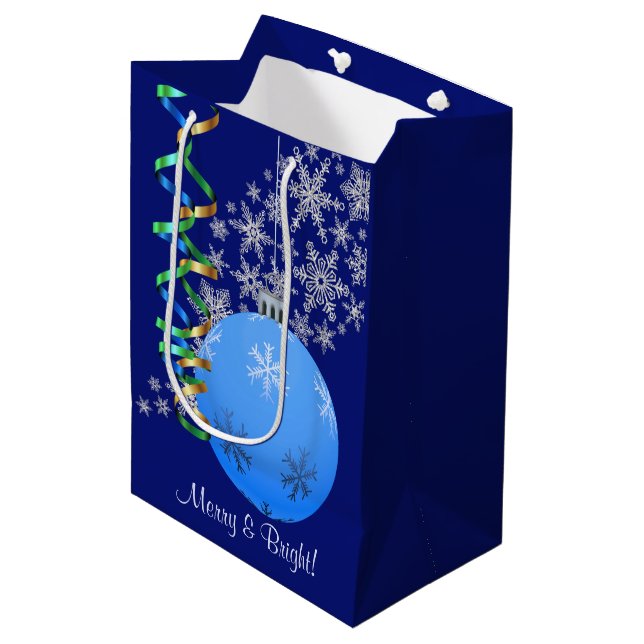 Christmas Bulb Snowflake Blue Medium Gift Bag (Front Angled)