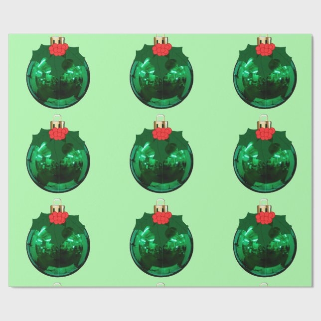 Christmas Bulb With Holly on Green Wrapping Paper (Flat)