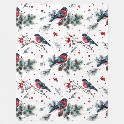 Christmas Bull_finch  Evergreens Pattern Fleece Blanket