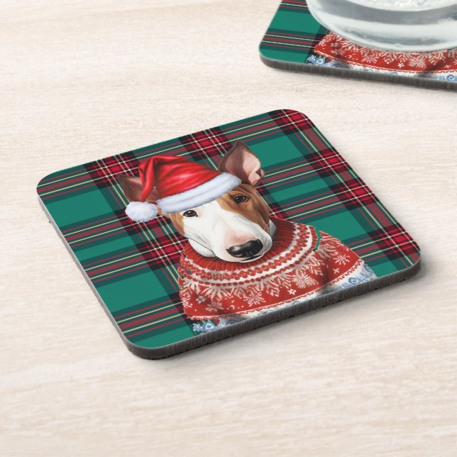 Christmas Bull Terrier Dog Red Green Plaid Holiday Beverage Coaster (Left Side)