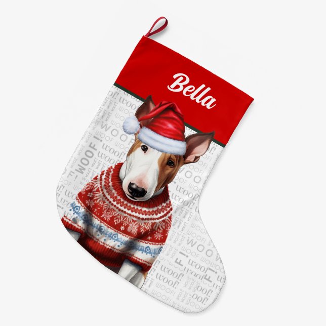 Christmas Bull Terrier with Name Woof Background Large Christmas Stocking (Front (Hanging))