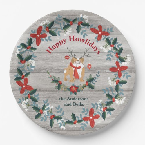 Christmas Bulldog Dog Antlers Rustic Greenery Paper Plates