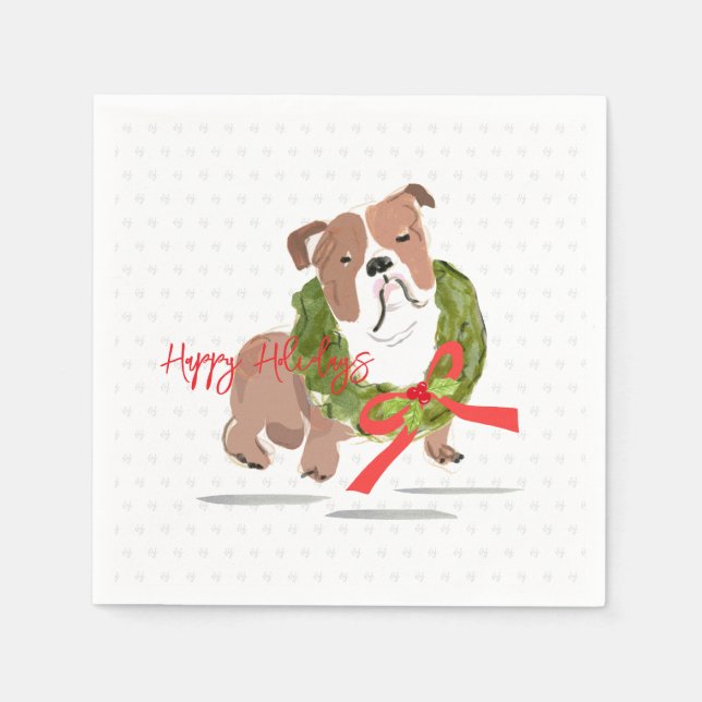 Christmas Bulldog Happy Holidays Festive Holly Dog Napkins (Front)