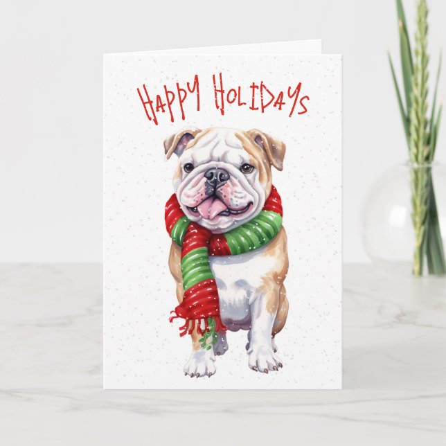 Christmas Bulldog In Snowflakes Holiday Card (Front)