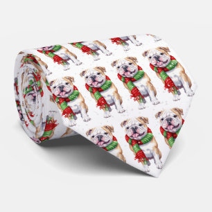 Christmas Bulldog In Snowflakes Neck Tie