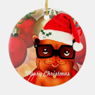 Christmas Bulldog on a christmas ball background Ceramic Ornament