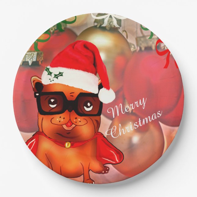 Christmas bulldog on a christmas ball background paper plates (Front)
