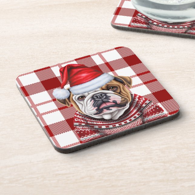 Christmas Bulldog Red Plaid Holiday Beverage Coaster (Left Side)
