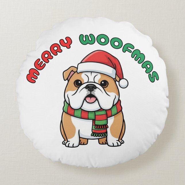 Christmas Bulldog Round Pillow: Merry Woofmas Round Pillow (Front)