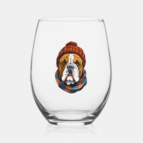 Christmas Bulldog   Stemless Wine Glass