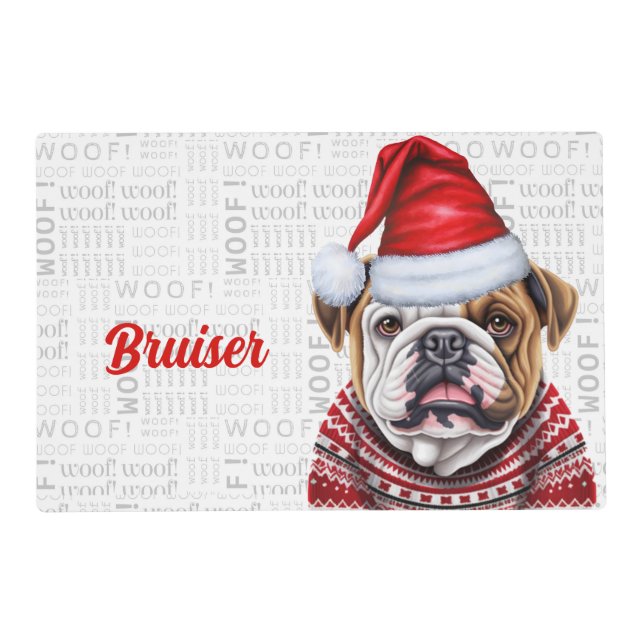 Christmas Bulldog with Dog's Name Pet Dinner Placemat (Front)