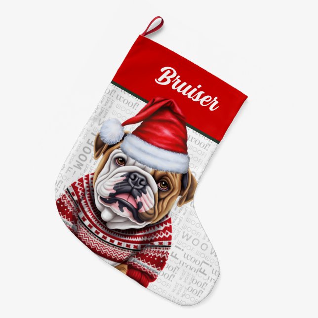 Christmas Bulldog with Name Woof Background Large Christmas Stocking (Front (Hanging))