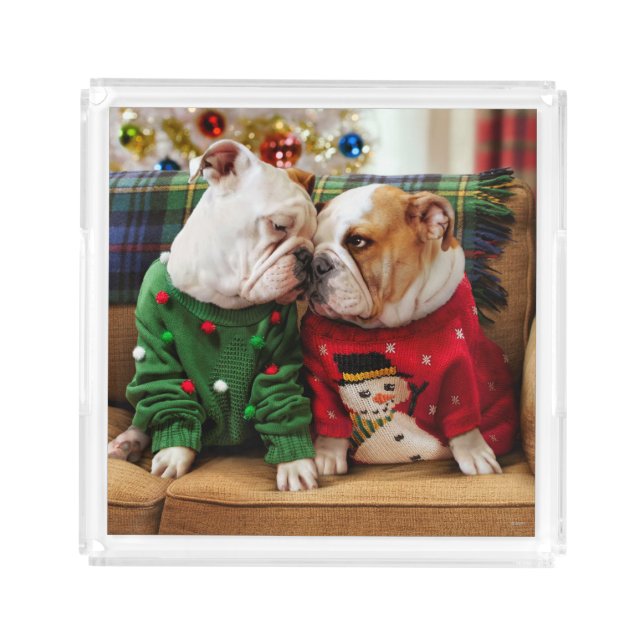 Christmas Bulldogs in Sweaters Acrylic Tray (Front)