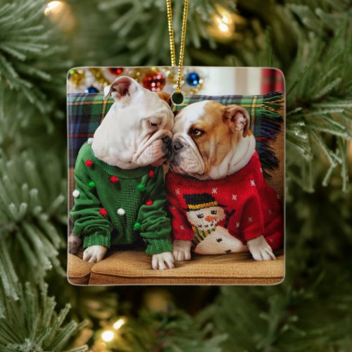 Christmas Bulldogs in Sweaters Ceramic Ornament