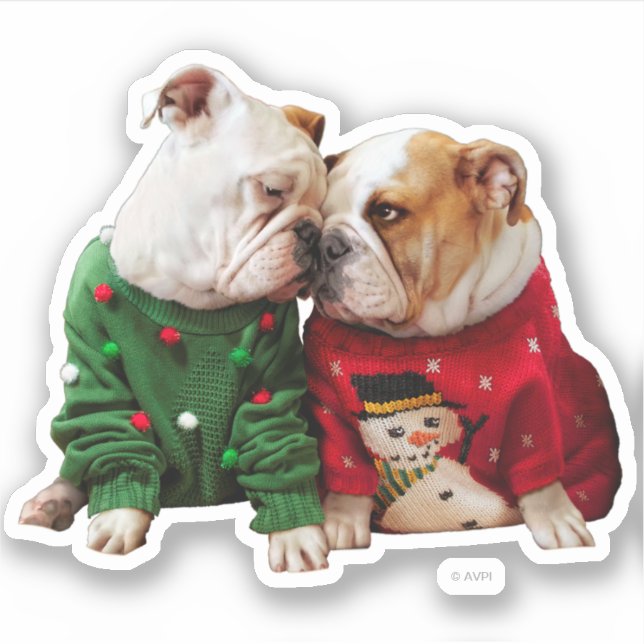 Christmas Bulldogs in Sweaters Sticker (Front)