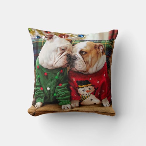 Christmas Bulldogs in Sweaters Throw Pillow