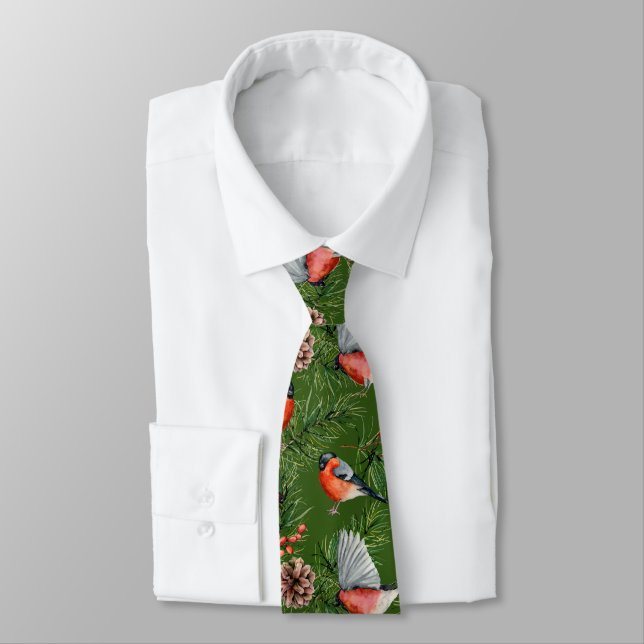Christmas Bullfinch Pattern  Neck Tie (Tied)