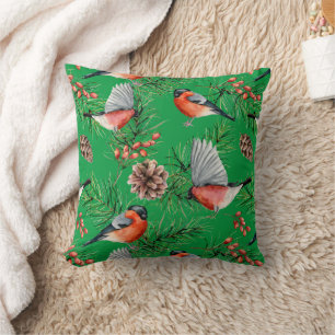 Christmas Bullfinch Throw Pillow