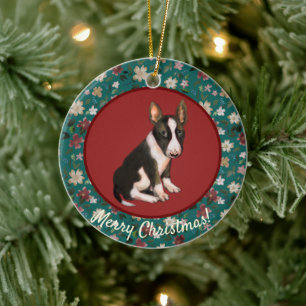 Christmas bullterrier puppy floral ceramic ornament