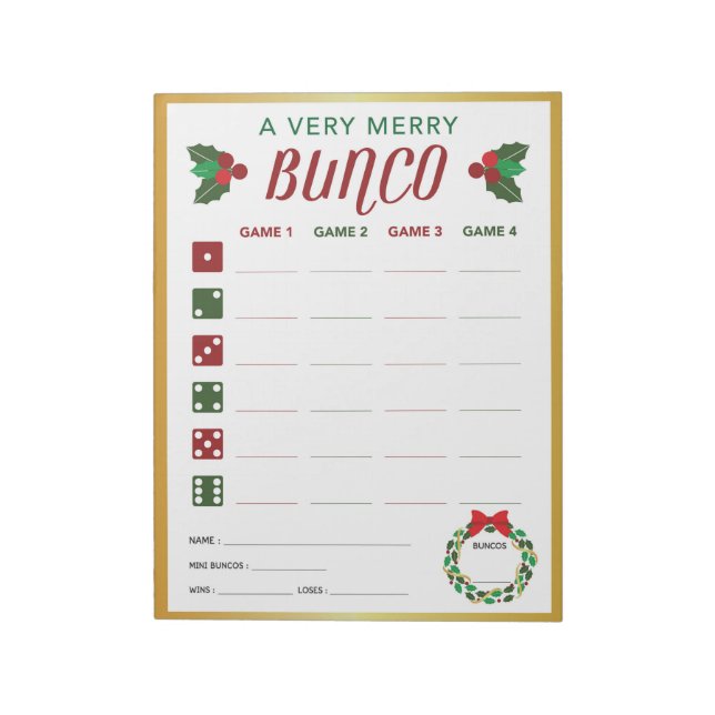 Christmas Bunco Party Game Score Card Notepad (Rotated)