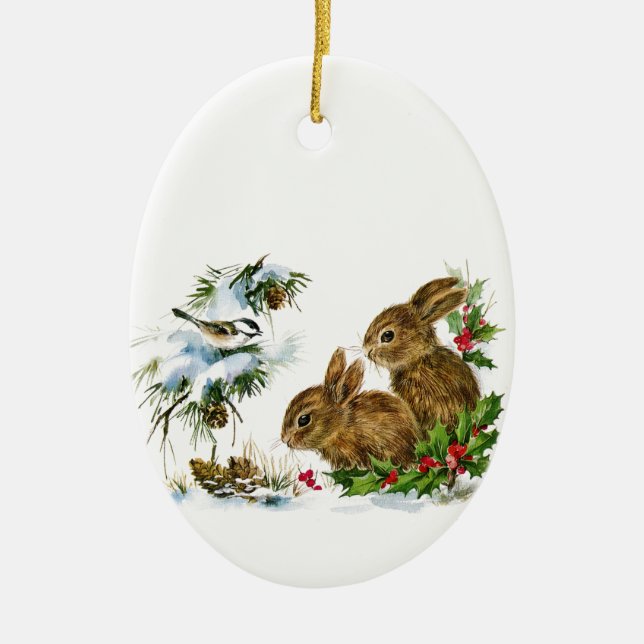 Christmas Bunnies Ceramic Ornament (Front)