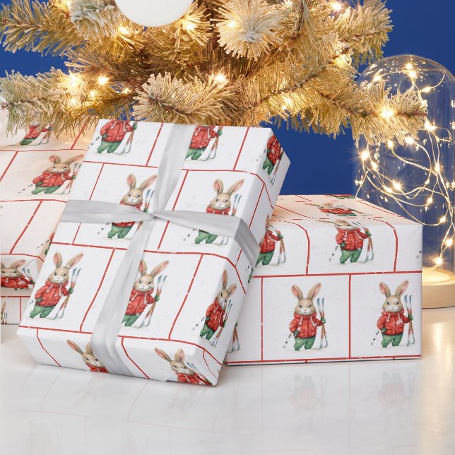 Christmas Bunnies With Skis and Snowflakes Wrapping Paper (Holidays)