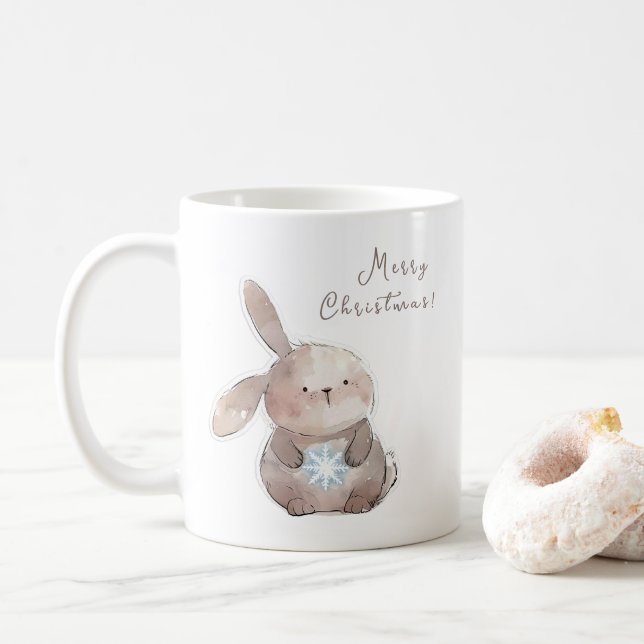 Christmas Bunny and Snowflake, personalized Coffee Mug (With Donut)