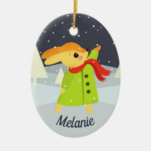 Christmas Bunny Catching Snowflakes Cute Ceramic Ornament