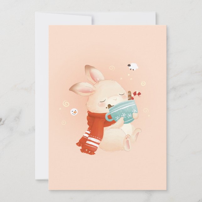 Christmas Bunny Cuddles - Festive in a Cup Holiday Card (Front)