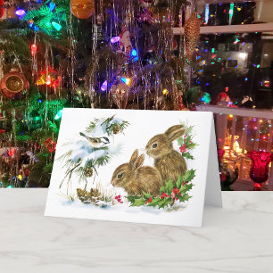 Christmas Bunny Foxes & Chickadee Woodland Friends Holiday Card