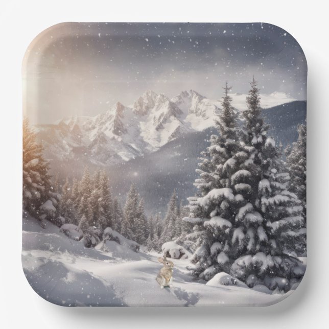Christmas Bunny In Snowflakes Paper Plates (Front)