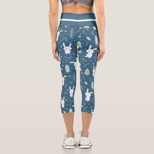 Christmas Bunny on Blue Capri Leggings