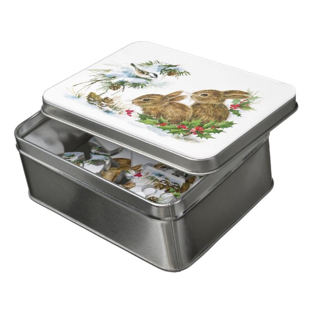 Christmas Bunny Rabbit and Birds Jigsaw Puzzle (Lid Open)