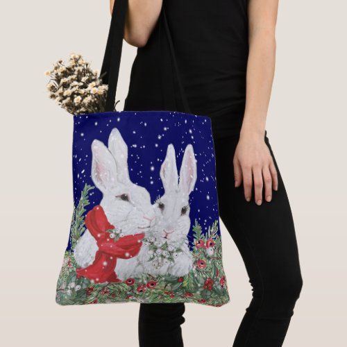 Christmas Bunny Rabbit Couple Holiday Winter Large Tote Bag