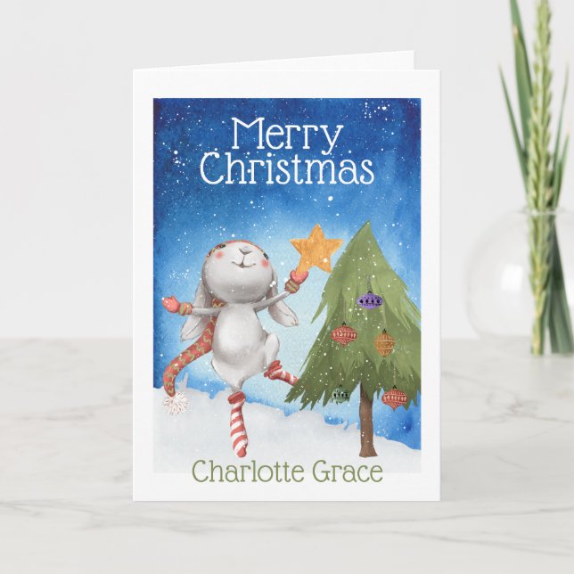 Christmas Bunny Rabbit Decorating Tree In Snow Card (Front)