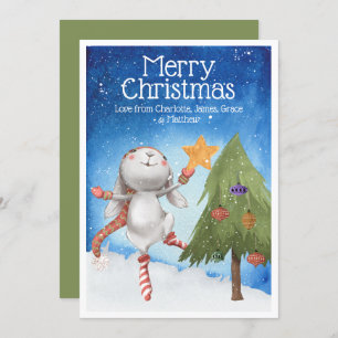 Christmas Bunny Rabbit Decorating Tree Snow Card