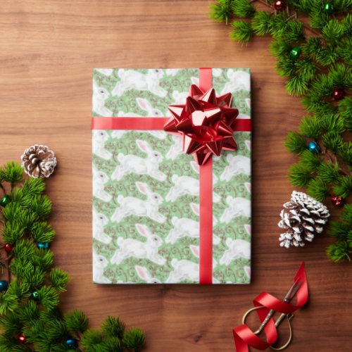 Christmas Bunny Rabbit Green Vines  Scrolls Cute Wrapping Paper