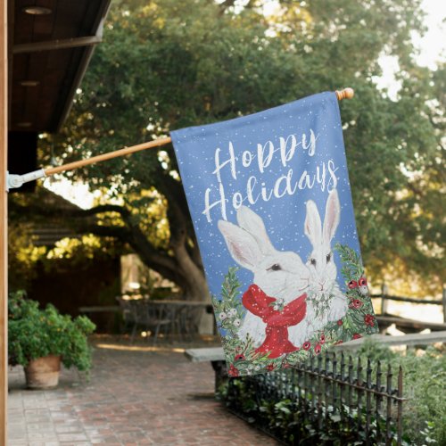 Christmas Bunny Rabbit Holiday Winter Snow Blue House Flag