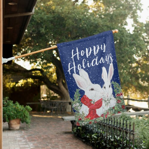 Christmas Bunny Rabbit Hoppy Holidays Blue Cute House Flag